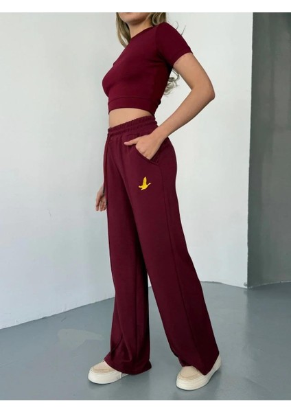Osy Modal Yumuşak Dokulu Kumaş Nakış Işlemeli Rahat Bol Paça Eşofman Pantalon - Bordo