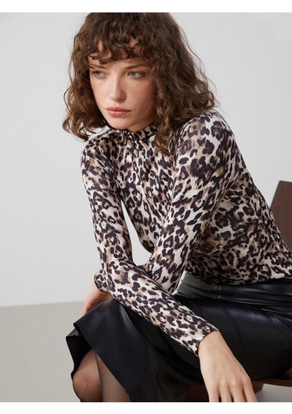 Yeni Sezon Dik Yaka Leopar Desenli Kadın Bluz