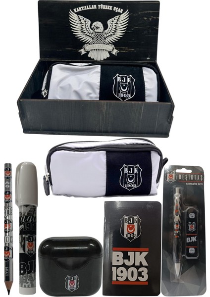 Beşiktaş Orjinal Lisanslı Siyah Air Kalemtraş Ahşap Kutulu 6'lı Kırtasiye Seti