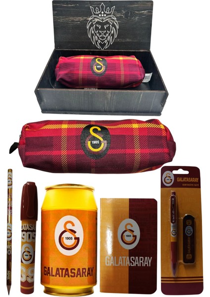 Galatasaray Orjinal Lisanslı Sarı Kutu Kalemtraş Ahşap Kutulu 6'lı Kırtasiye Seti