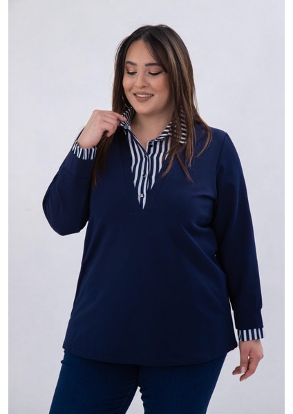 Kadın Büyük Beden Gömlek Yaka Lacivert Sweatshırt fiyatları