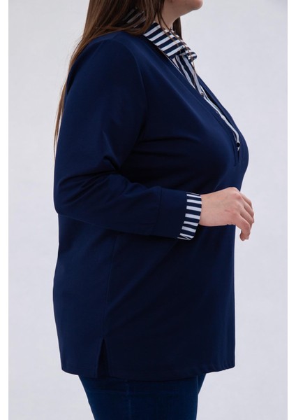 Kadın Büyük Beden Gömlek Yaka Lacivert Sweatshırt modelleri