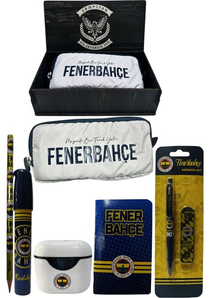 Fenerbahçe Orjinal Lisanslı Beyaz Air Kalemtraş Ahşap Kutulu 6'lı Kırtasiye Seti