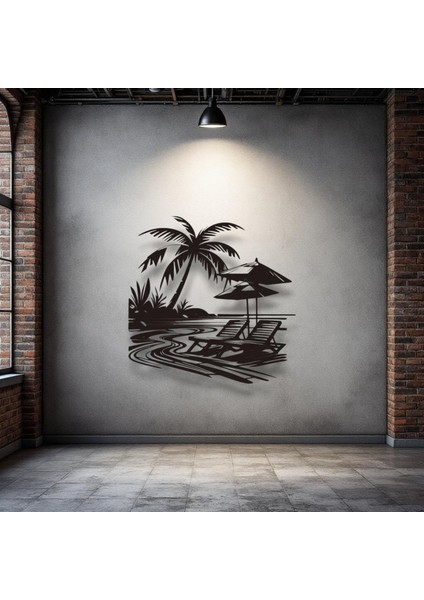 Tropikal Sahil ve Şezlong Metal Duvar Dekoru – Modern Minimalist Yaz Tasarımı