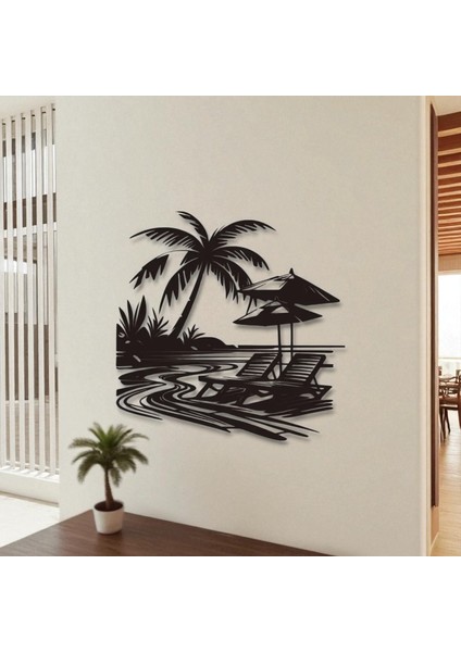 Tropikal Sahil ve Şezlong Metal Duvar Dekoru – Modern Minimalist Yaz Tasarımı fırsatları