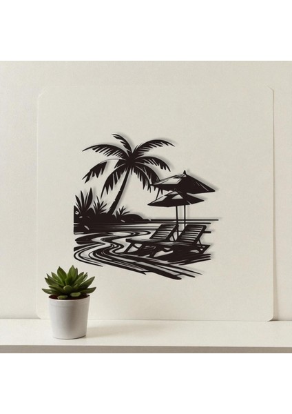 Tropikal Sahil ve Şezlong Metal Duvar Dekoru – Modern Minimalist Yaz Tasarımı indirimleri