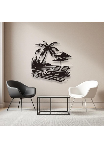 Tropikal Sahil ve Şezlong Metal Duvar Dekoru – Modern Minimalist Yaz Tasarımı