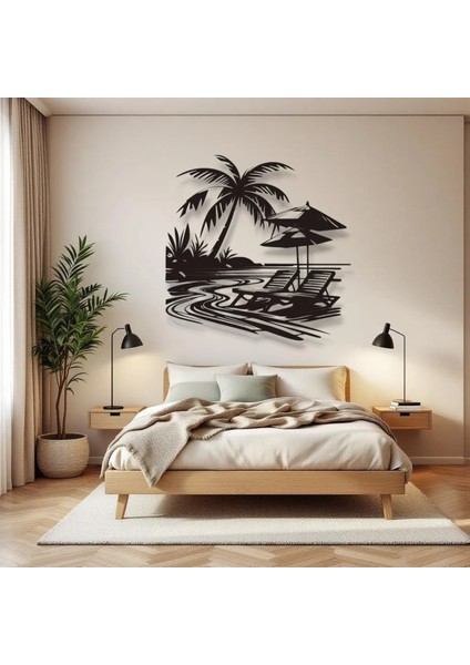 Tropikal Sahil ve Şezlong Metal Duvar Dekoru – Modern Minimalist Yaz Tasarımı