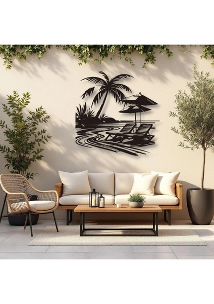 Tropikal Sahil ve Şezlong Metal Duvar Dekoru – Modern Minimalist Yaz Tasarımı