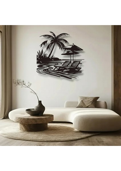 Tropikal Sahil ve Şezlong Metal Duvar Dekoru – Modern Minimalist Yaz Tasarımı