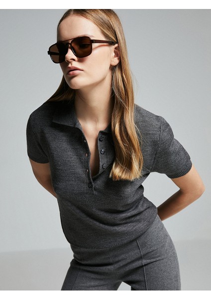 Yeni Sezon Polo Yaka Düz Kısa Kollu Kadın Triko Kazak
