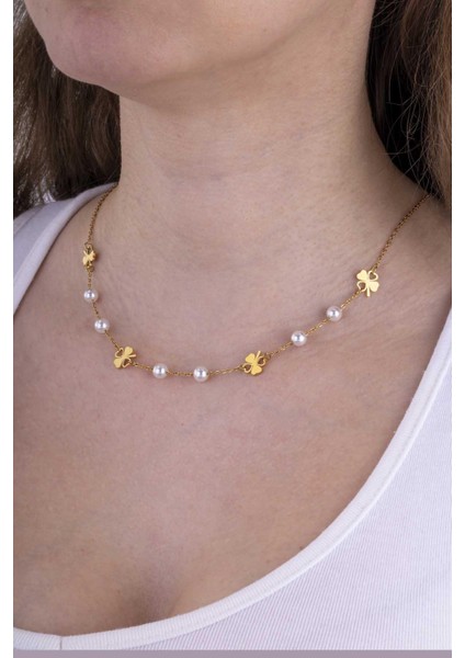 Yonca Geçişli Inci Model Altın Kaplama Çelik Kadın Kolye