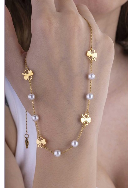 Yonca Geçişli Inci Model Altın Kaplama Çelik Kadın Kolye fiyatları