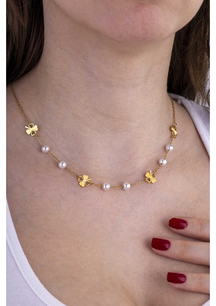 Yonca Geçişli Inci Model Altın Kaplama Çelik Kadın Kolye modelleri