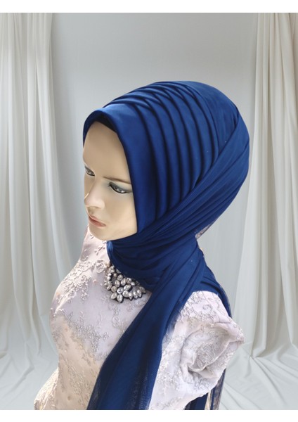 Açık Lacivert Esnek Kumaş Tektek Hazır Duvak Hazır Şal Hazır Türban