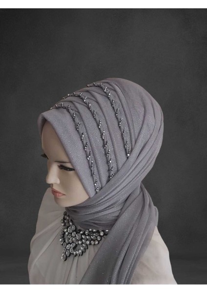 Simli Açık Gri Işlemeli Hazır Türban Hazır Şal Hazır Duvak