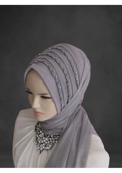 Simli Açık Gri Işlemeli Hazır Türban Hazır Şal Hazır Duvak fiyatları