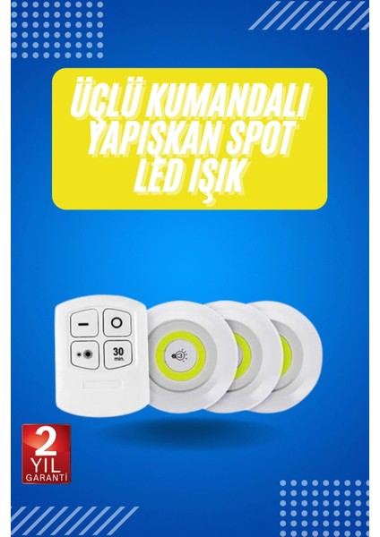 Yapışkanlı 3'lü Spot LED Işık Lamba Montajsız Pilli Uzaktan Kumandalı