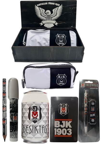 Beşiktaş Orjinal Lisanslı Beyaz Kutu Kalemtraş Ahşap Kutulu 6'lı Kırtasiye Seti