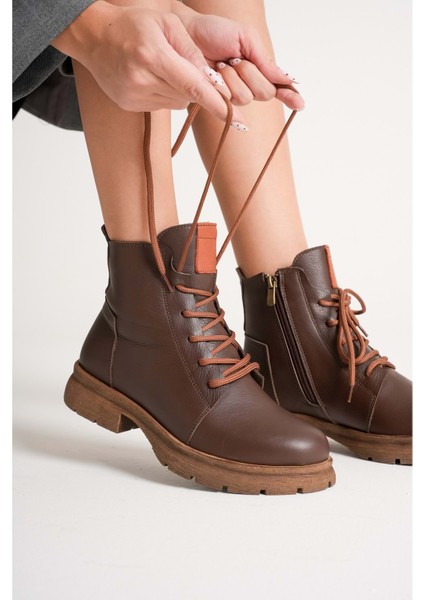 Kadın Hakiki Deri Fermuarlı Bağcıklı Günlük Bot - Kahve