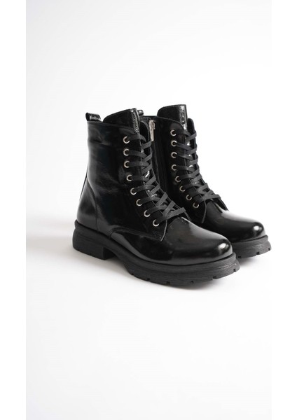 Kadın Hakiki Deri Bağcıklı Fermuarlı Rahat Postal Bot - Siyah Rugan fırsatları