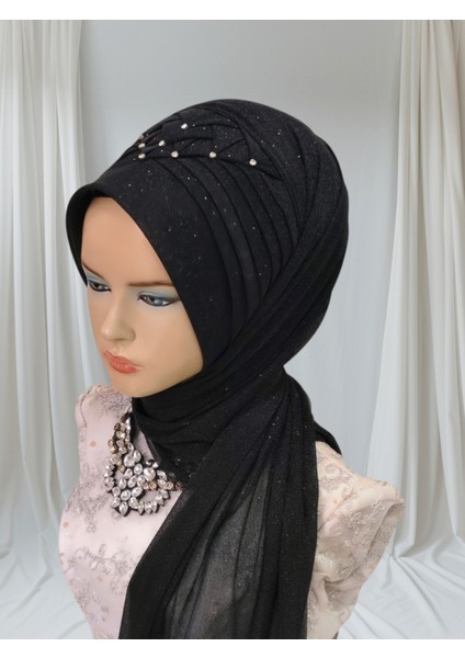 Simli Siyah Zümra Model Hazır Türban Hazır Şal Abiye Şal
