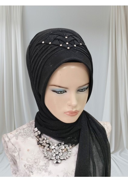 Simli Siyah Zümra Model Hazır Türban Hazır Şal Abiye Şal fiyatları