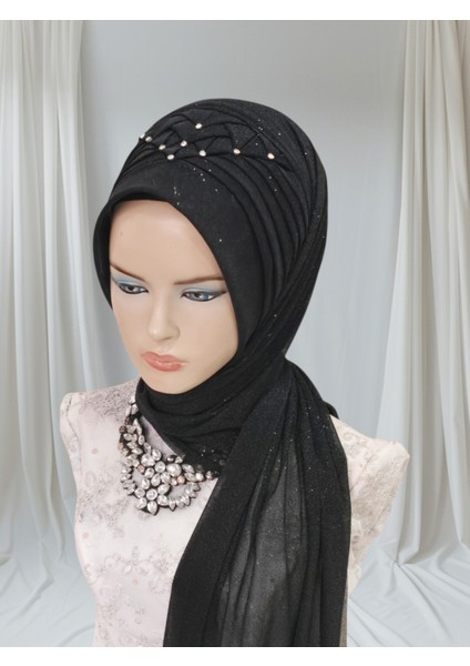 Simli Siyah Zümra Model Hazır Türban Hazır Şal Abiye Şal modelleri