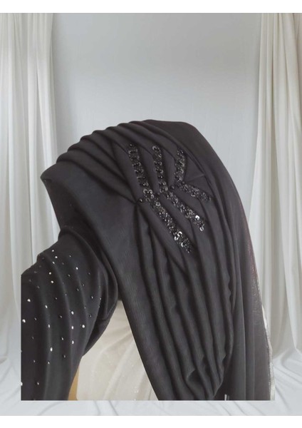 Payet Detaylı Siyah Hazır Türban ,hazır Şal Hazır Duvak Şal modelleri