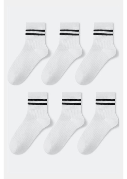 6 Çift Unisex Çizgili Kolej Çorap Beyaz fiyatları