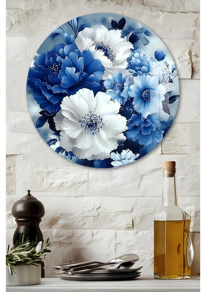 3D Görünümlü Temperli Cam Tablo – Mavi Beyaz Çiçek Temalı Duvar Süsü Uv Baskı 33X33 CM-CDS142