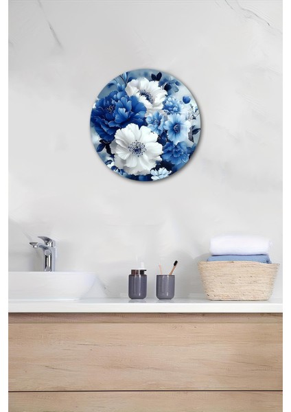 3D Görünümlü Temperli Cam Tablo – Mavi Beyaz Çiçek Temalı Duvar Süsü Uv Baskı 33X33 CM-CDS142