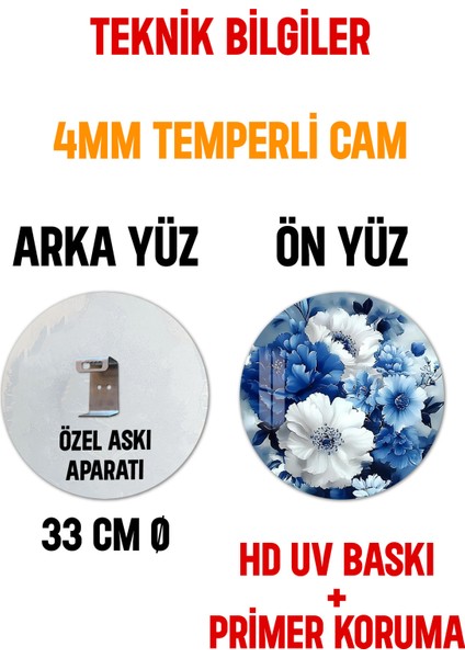 3D Görünümlü Temperli Cam Tablo – Mavi Beyaz Çiçek Temalı Duvar Süsü Uv Baskı 33X33 CM-CDS142