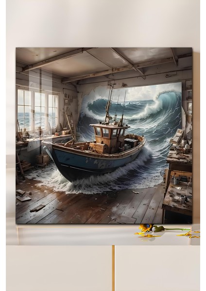 3D Görünümlü Temperli Cam Tablo – Tekne ve Dev Dalga Temalı Uv Baskı 33X33 CM-CTK138