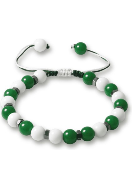 Makrome Örgülü Küre Kesim Yeşil Beyaz Jade Hematit Doğaltaş Erkek Taraftar Bileklik
