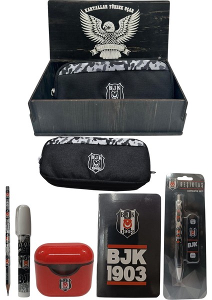 Beşiktaş Orjinal Lisanslı Beyaz Air Kalemtraş Ahşap Kutulu 6'lı Kırtasiye Seti