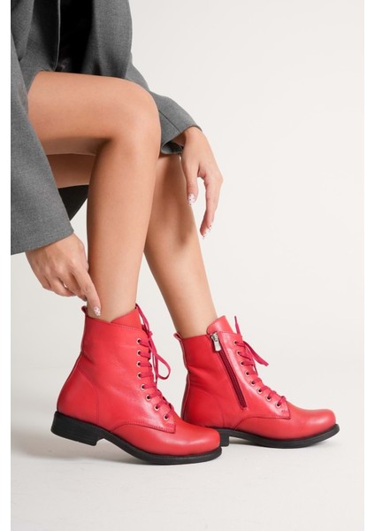 Kadın Hakiki Deri Bağcıklı ve Fermuarlı Bot - Kırmızı