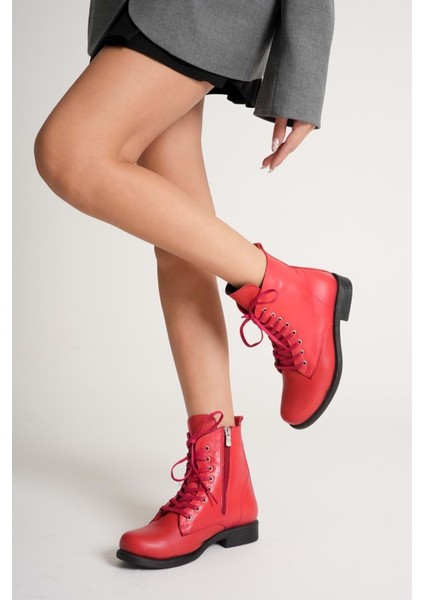 Kadın Hakiki Deri Bağcıklı ve Fermuarlı Bot - Kırmızı fiyatları