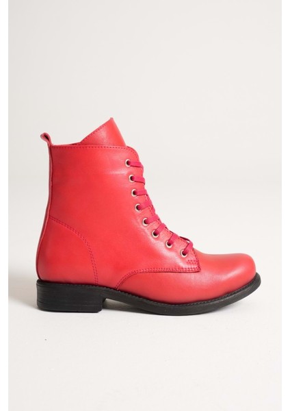 Kadın Hakiki Deri Bağcıklı ve Fermuarlı Bot - Kırmızı modelleri