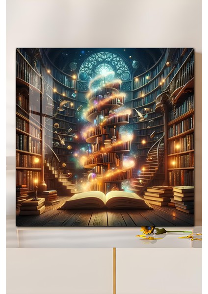 3D Görünümlü Temperli Cam Tablo – Büyülü Kütüphane ve Işık Sarmalı Uv Baskı 33X33 CM-CTK140