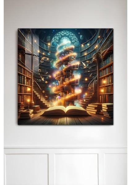 3D Görünümlü Temperli Cam Tablo – Büyülü Kütüphane ve Işık Sarmalı Uv Baskı 33X33 CM-CTK140 fiyatları