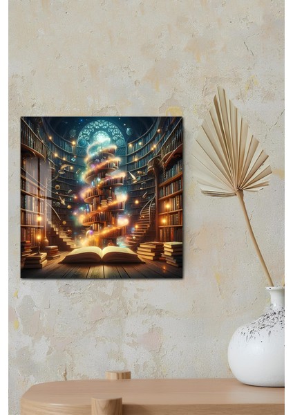 3D Görünümlü Temperli Cam Tablo – Büyülü Kütüphane ve Işık Sarmalı Uv Baskı 33X33 CM-CTK140 modelleri