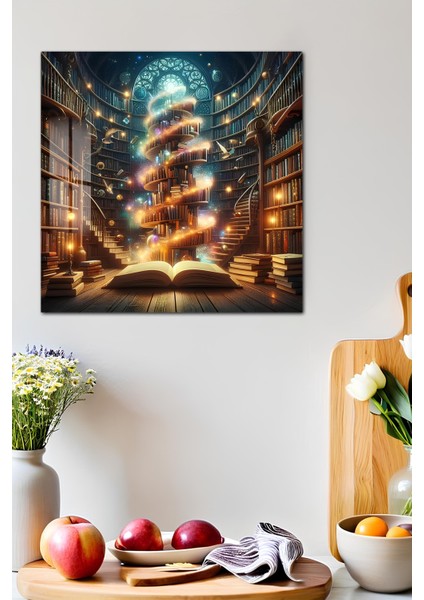 3D Görünümlü Temperli Cam Tablo – Büyülü Kütüphane ve Işık Sarmalı Uv Baskı 33X33 CM-CTK140 fırsatları