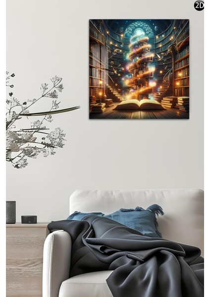 3D Görünümlü Temperli Cam Tablo – Büyülü Kütüphane ve Işık Sarmalı Uv Baskı 33X33 CM-CTK140 indirimleri