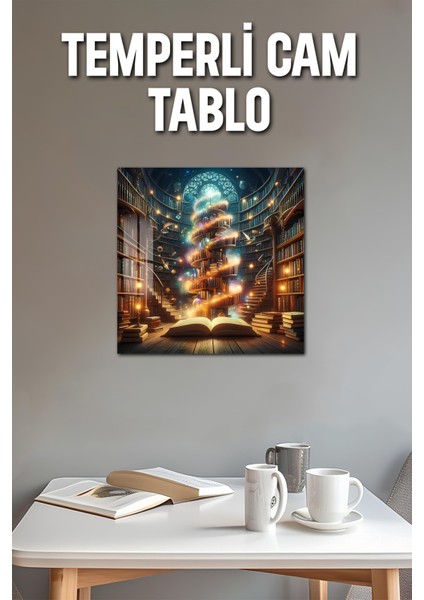 3D Görünümlü Temperli Cam Tablo – Büyülü Kütüphane ve Işık Sarmalı Uv Baskı 33X33 CM-CTK140