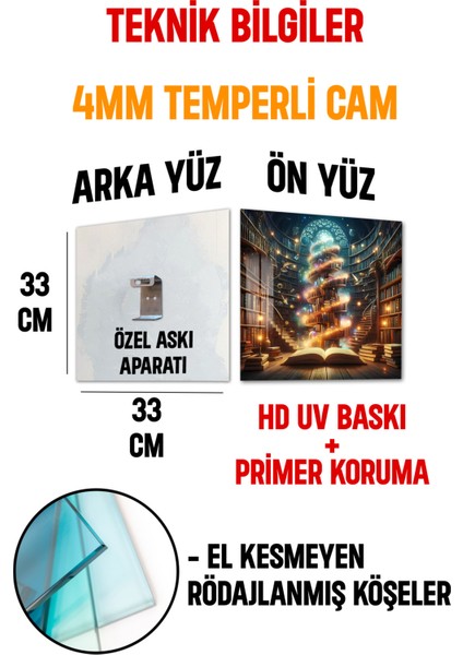 3D Görünümlü Temperli Cam Tablo – Büyülü Kütüphane ve Işık Sarmalı Uv Baskı 33X33 CM-CTK140