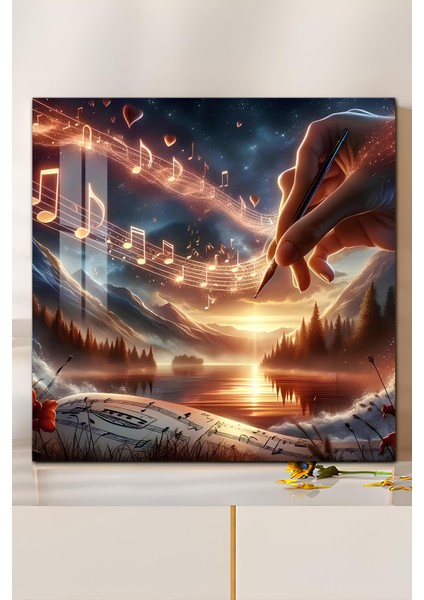 3D Görünümlü Temperli Cam Tablo – Müzik ve Gün Batımı Temalı Uv Baskı 33X33 CM-CTK139