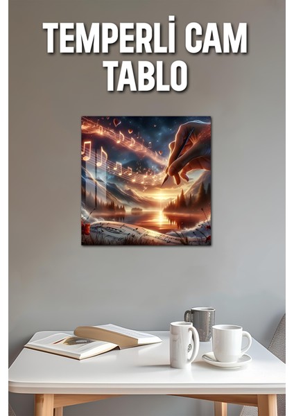 3D Görünümlü Temperli Cam Tablo – Müzik ve Gün Batımı Temalı Uv Baskı 33X33 CM-CTK139