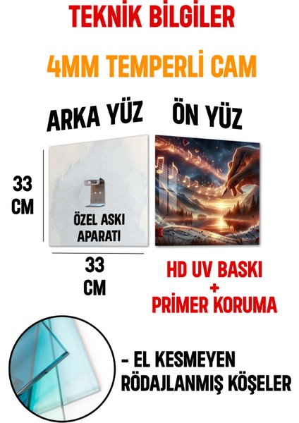 3D Görünümlü Temperli Cam Tablo – Müzik ve Gün Batımı Temalı Uv Baskı 33X33 CM-CTK139