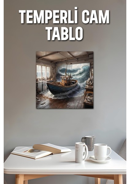 3D Görünümlü Temperli Cam Tablo – Tekne ve Dev Dalga Temalı Uv Baskı 33X33 CM-CTK138